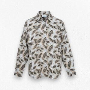 1980s Vintage Leaf Print Blouse Gold Crest Buttons Poplin Blouse Size 16